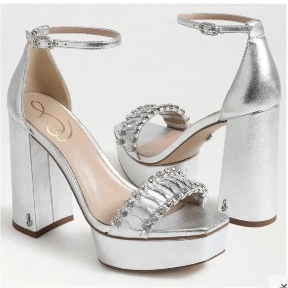 Sam Edelman Women's NINETTE Platform Silver Metallic LEATHER Heel Shoe MSRP $180 - Picture 4 of 9